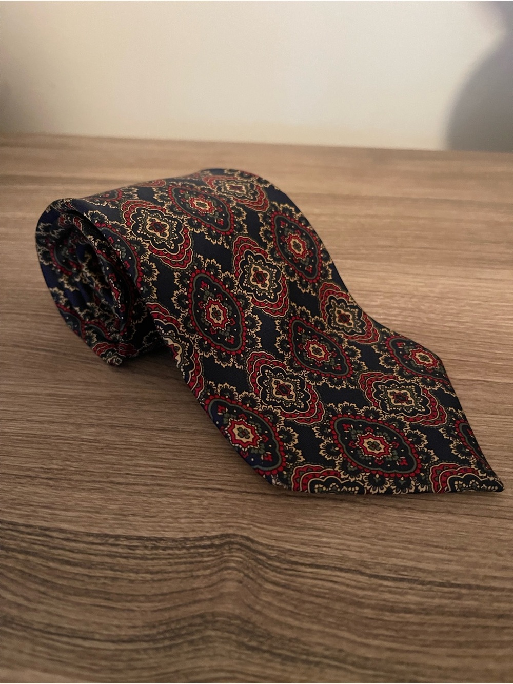 EATON Navy Paisley Medallion Silk Tie with Red and Gold Accents